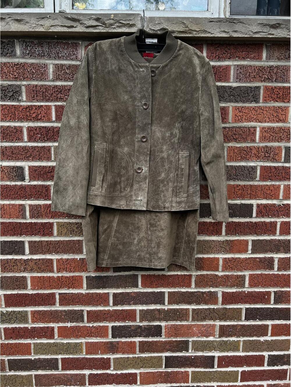 Olsen Europe Dark Olive Pure Suede Button Down Jacket and Skirt Set